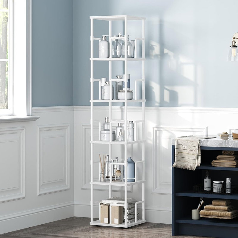 Bibliothèque de coin pivotante à 360 ° autoportante - Support de rangement de style industriel avec rampes, idéal pour les salons, les chambres à coucher ou les bureaux, blanc