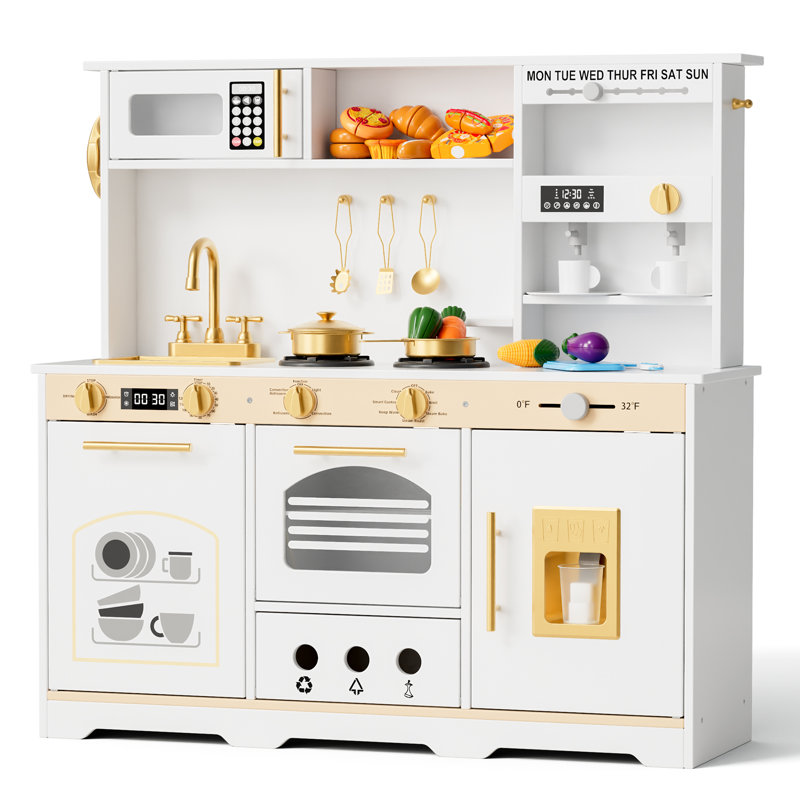 Wooden Play Kitchen For Kids With Realistic Lights & Sounds, Faucet, Oven, Microwave, Fun Accessories, Gift For Ages 3+, White