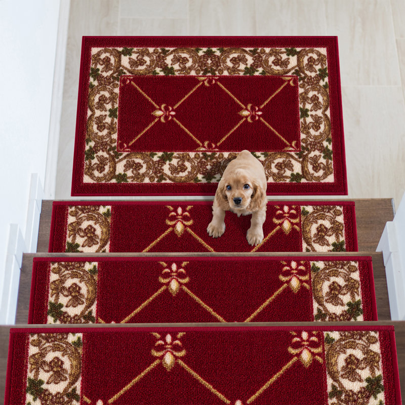 Tapis d'escalier bleu marine / brun / vert / crème Aadhan, Bourgogne / rouge, 7