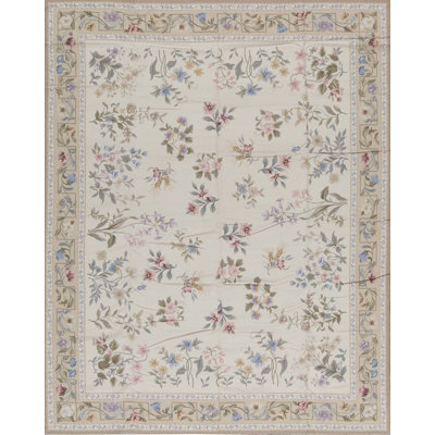 Hand-Knotted High-Quality Ivory, Brown, and Green Area Rug