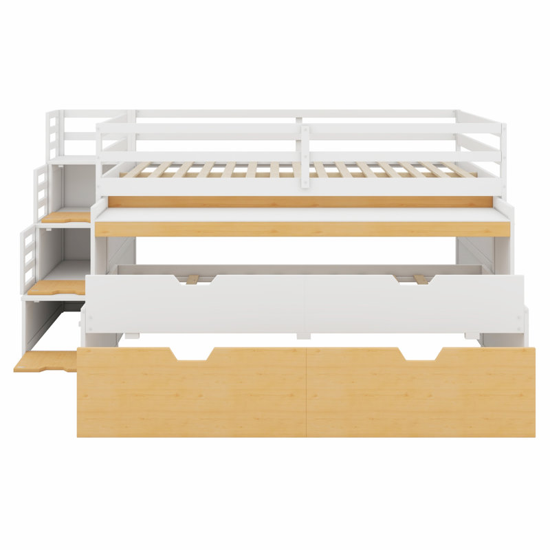 Lit mezzanine avec rangement et bureau coulissant, lit gigogne et tiroirs de rangement, Double XL, Blanc + couleur bois