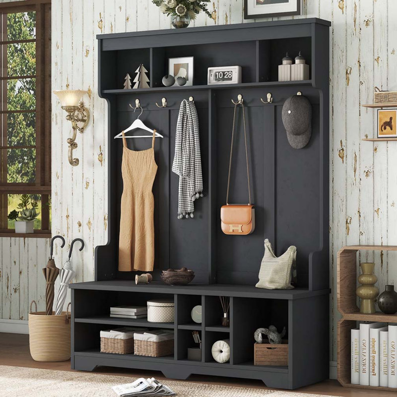 Hallway Hall Tree with Metal Hooks and Storage Space, Black