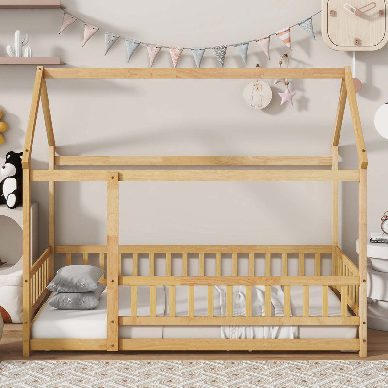 Natural Solid Wood Twin House Floor Bed With Roof Frame And Safety Guardrails, Twin, Natural