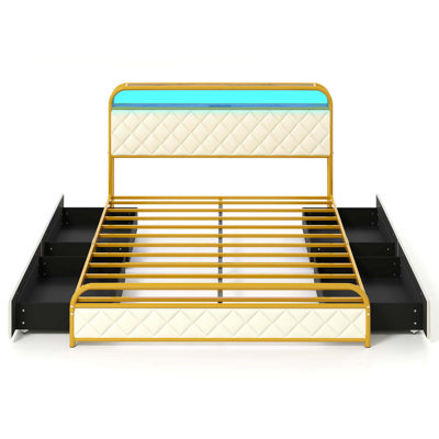 Bed Frame With Led Lights & Charging Station Storage Headboard & Drawers