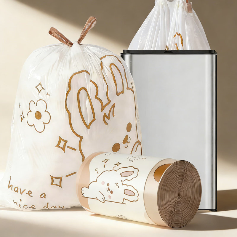 13 sacs à ordures à cordon 13 gallons, sacs à ordures de cuisine de 50 po de hauteur avec imprimé mignon de lapin, résistant aux déchirures et résistant aux déchets lourds, protection contre les fuites, matériau PEHD recyclable