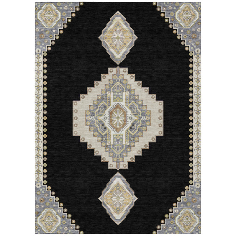 3' X 5' Black Gold And Gray Oriental Washable Indoor Outdoor Area Rug