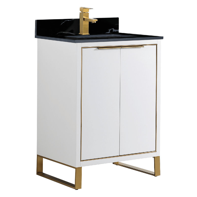 24'' Single Bathroom Vanity with Stone Top, Satin Brass, White Matte