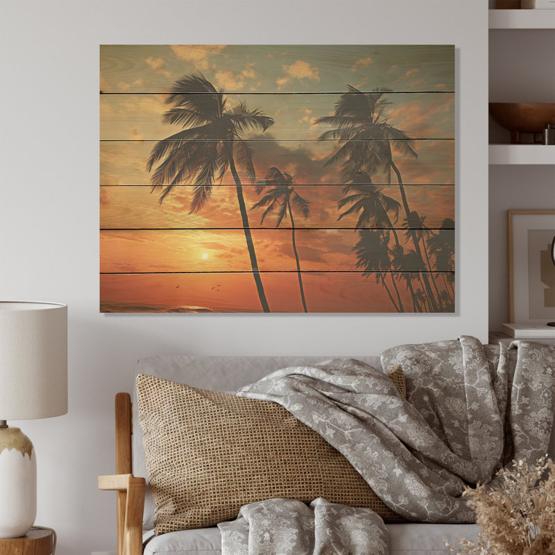 «Tropical Elegance Breeze Sunset» - palmiers et palmiers, art sur bois de pin naturel, H 10 po x l 20 po