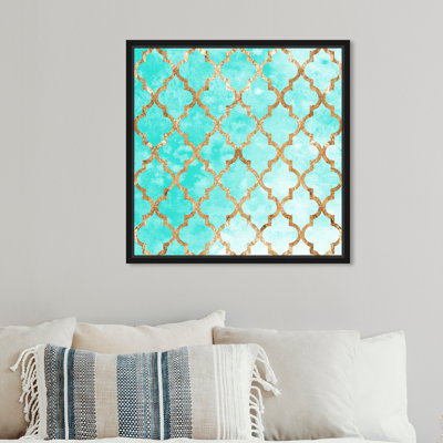 Arabesque turquoise et or, carrelage marocain moderne bleu - Impression sur toile