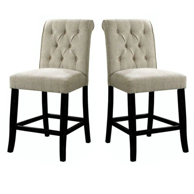 Of 2 Rustic Counter Height Chairs, Beige Chenille Fabric Covered With Back And Antique Black Legs For Home Decoration Idea Upholstered Solid Wood In Style Room