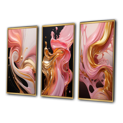 " Whimsical Lquid Pink and Gold Glam Art III " 3 Piece Art Watercolor Set