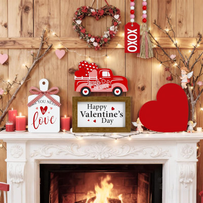 Valentine’S Day Tiered Tray Decor Set 5 Pcs Wooden Heart & XOXO Signs