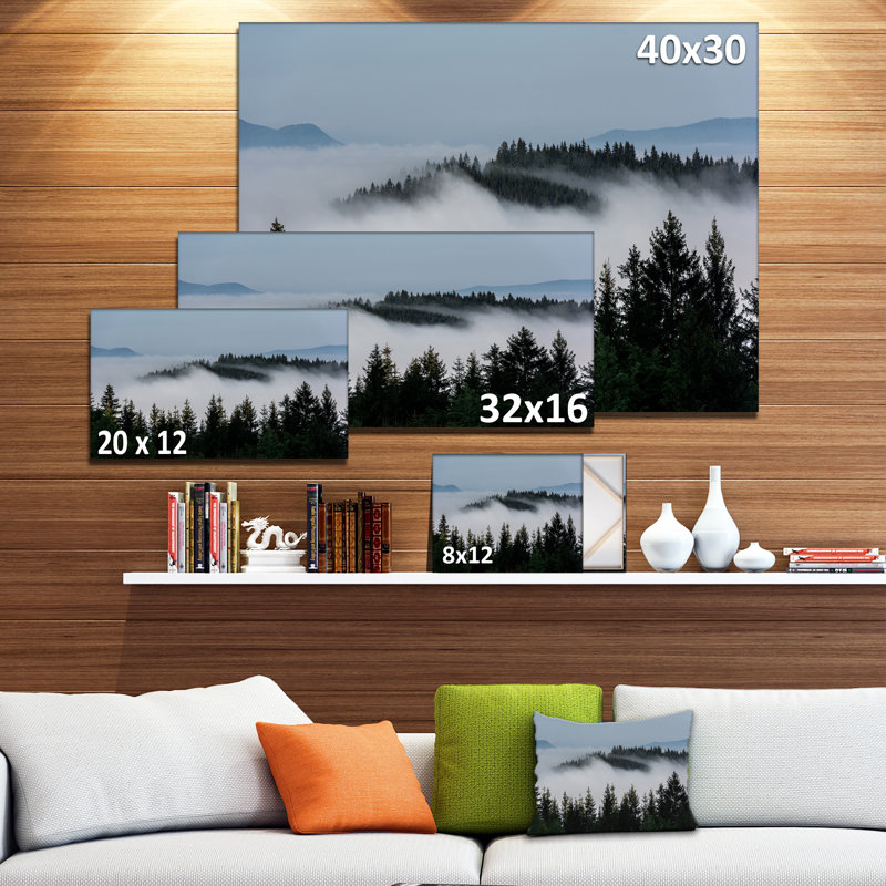 Dark Trees and Fog Over Mountains Landscape Wrapped Canvas Print