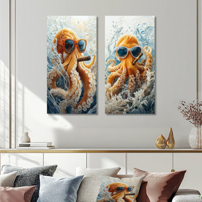Pieuvre orange avec lunettes fumant dans l'océan I - ensemble de 2 pièces d'art mural poulpe / calmar