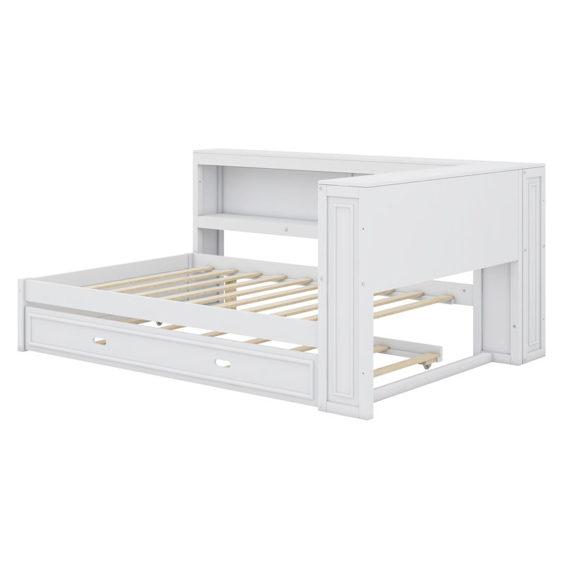 Lit de jour en bois avec tablettes de rangement, USB, DEL et lit gigogne, Blanc