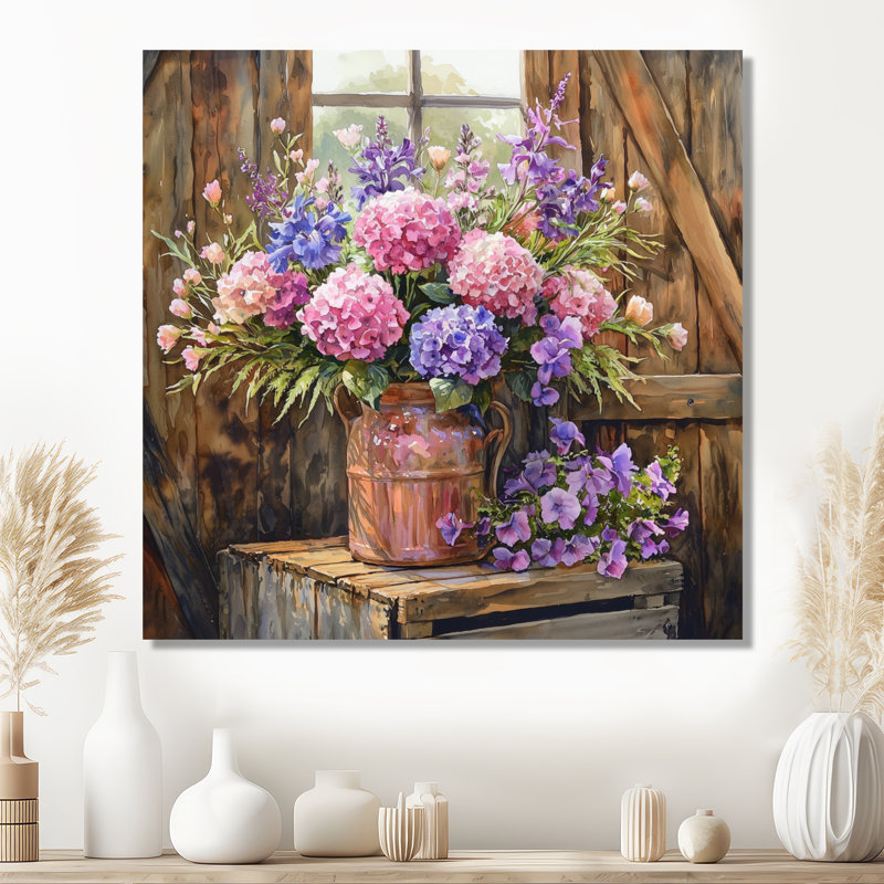 «Rustic Garden Bouquet At The Barn», reproduction d'art traditionnelle en métal, art mural en métal assorti