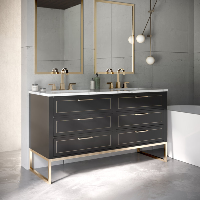 Ensemble de meuble-lavabo double 60 po Markham, Nuit noire, Marbre de Carrare, Laiton satiné