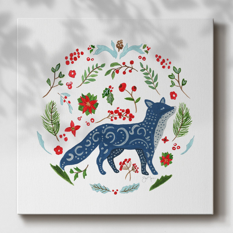 Christmas Folk Fox - reproduction sur toile tendue, H 40 po x l 40 po x P 1,5 po