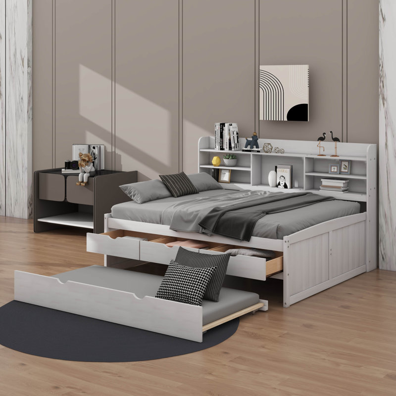 Storage Bed With Trundle, White Wash, Full