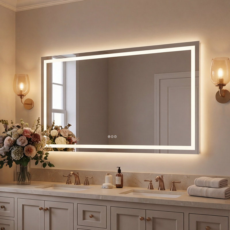 Miroir de salle de bain pour salle de bain, à DEL, anti-buée, rétroéclairé, fixé au mur, cadre blanc, 84 po x 40 po