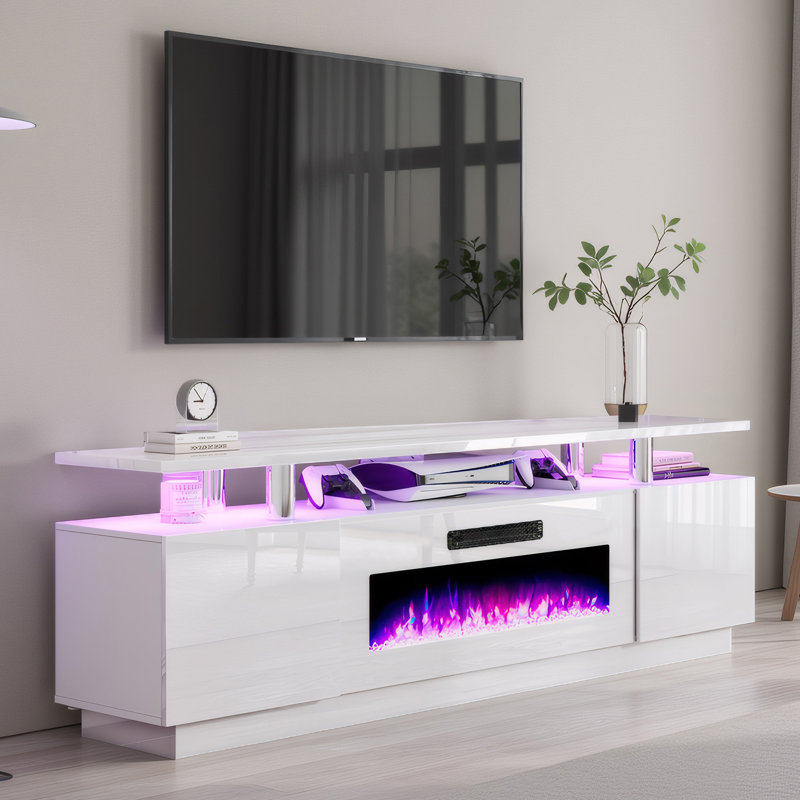 Meuble télé Bhhatu de 70 po avec foyer électrique à 2 niveaux, Entièrement blanche, 70"
