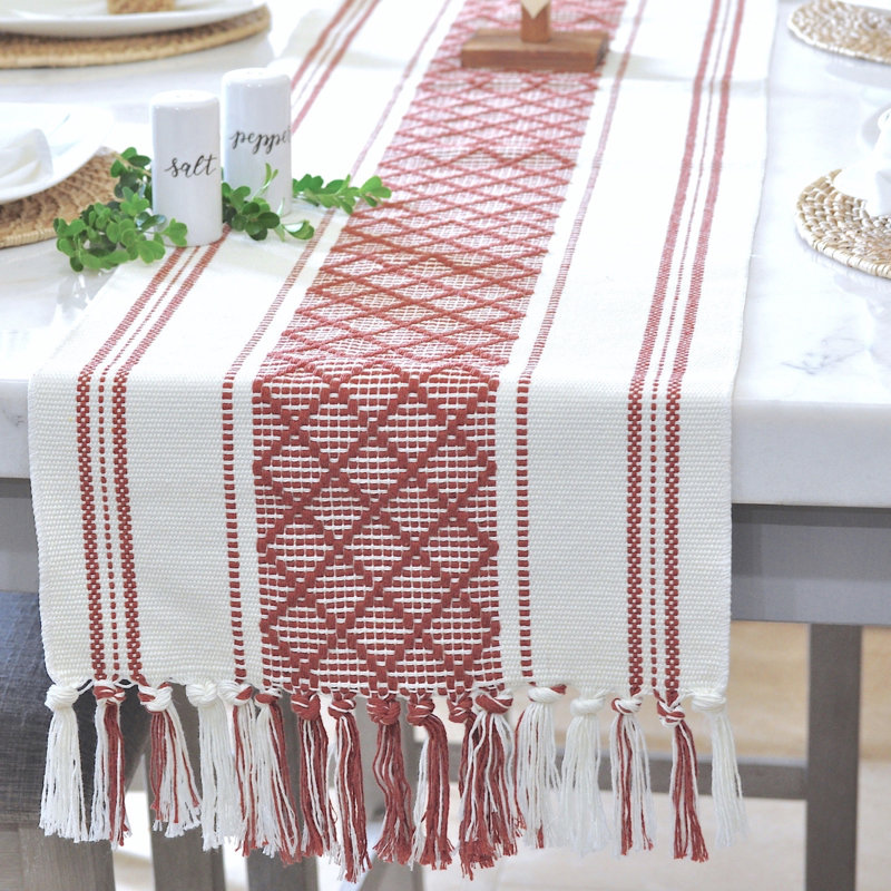 Boho Cotton Woven Table Runner With Tassels, Rust Brown, 90" x 14"