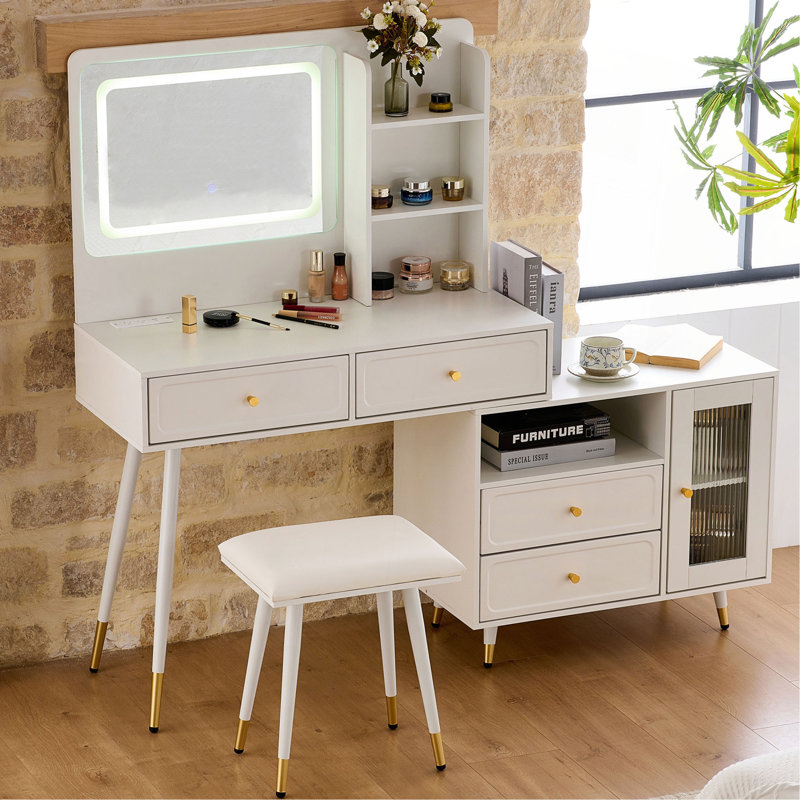 Modern Makeup Vanity Desk With Mirror And Lights, Retractable Dressing Table With Drawers And Cabinet, Compact Makeup Table Set With Power Outlet For Bedroom