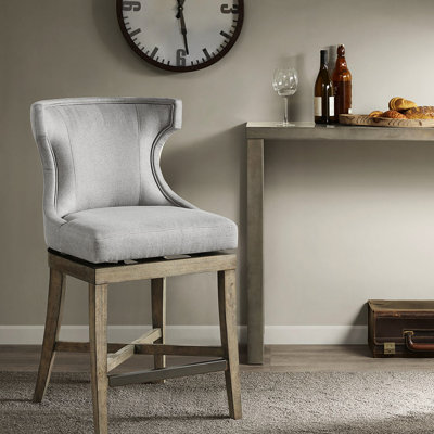Tabouret de comptoir avec conception unique et passepoil, pieds en bois massif, revêtement gris, tabouret de H 39,22 po x l 24,67 po