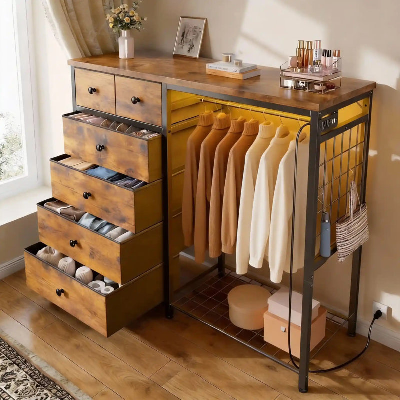 6 Fabric Drawer Dresser with Hanging Rack LED Light and Charging Station with Clothes Rack, Storage Chest, Brown