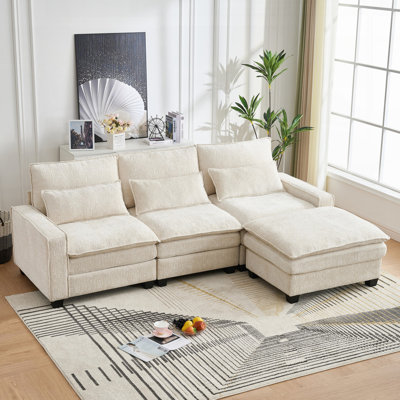 Sectional Cloud Deep Seat Couch Chenille L Shaped Sectional Sofa for Living Room 4-Seats with Movable Ottoman by Mercer41