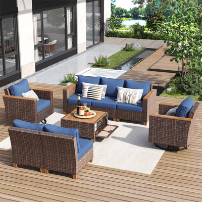 Ensemble de 8 chaises d'extérieur en osier avec coussin épais, ensemble de 2 chaises berçantes pivotantes en rotin avec table de rangement en acacia, ensemble de conversation en osier pour canapé d'extérieur, cour, bleu