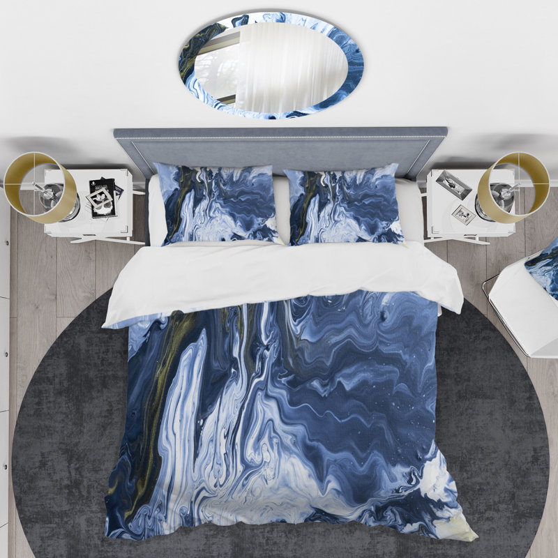 Ensemble de housse de couette moderne et contemporain - acrylique blanc, gris et marbre blanc III, Bleu/blanc