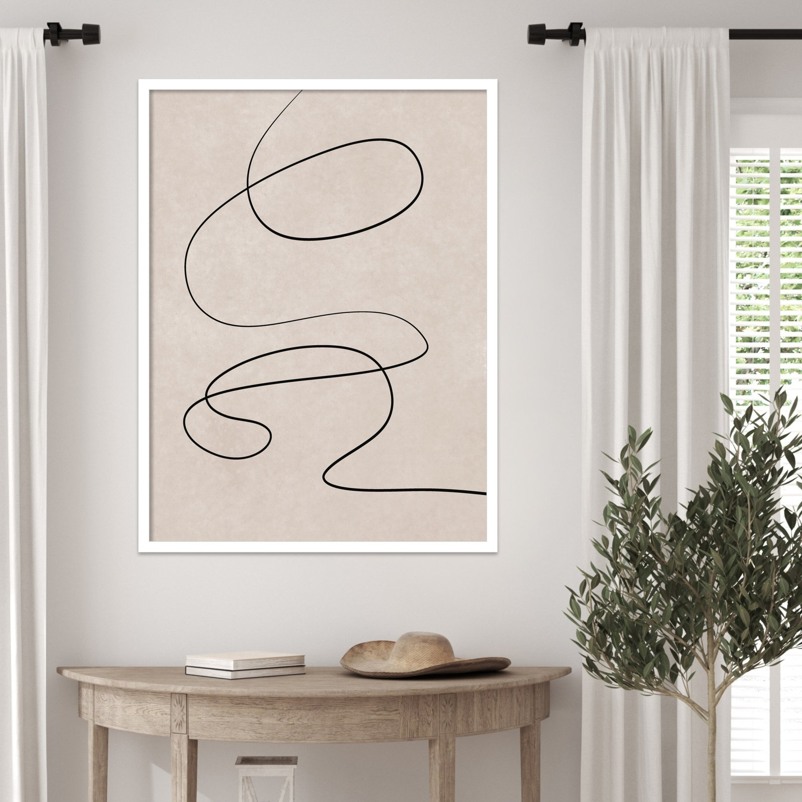 Black Line and Textured Beige Print, 33" H x 25" W, White