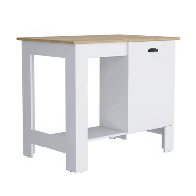 Kitchen Island 35" H, One Storage Cabinet With Door, Two Internal Shelves, One Open Storage Shelf, White/Macadamia