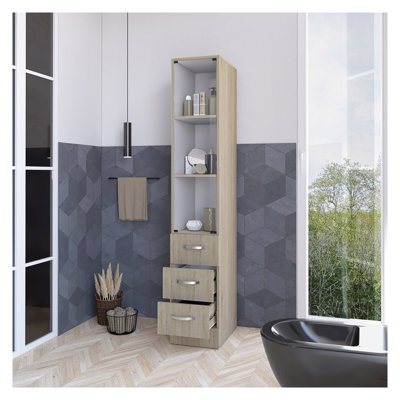 Preston Freestanding Linen Cabinet with Glass Door Upper and Four Drawers, Multicolor Melamine Finish for Bathroom Storage