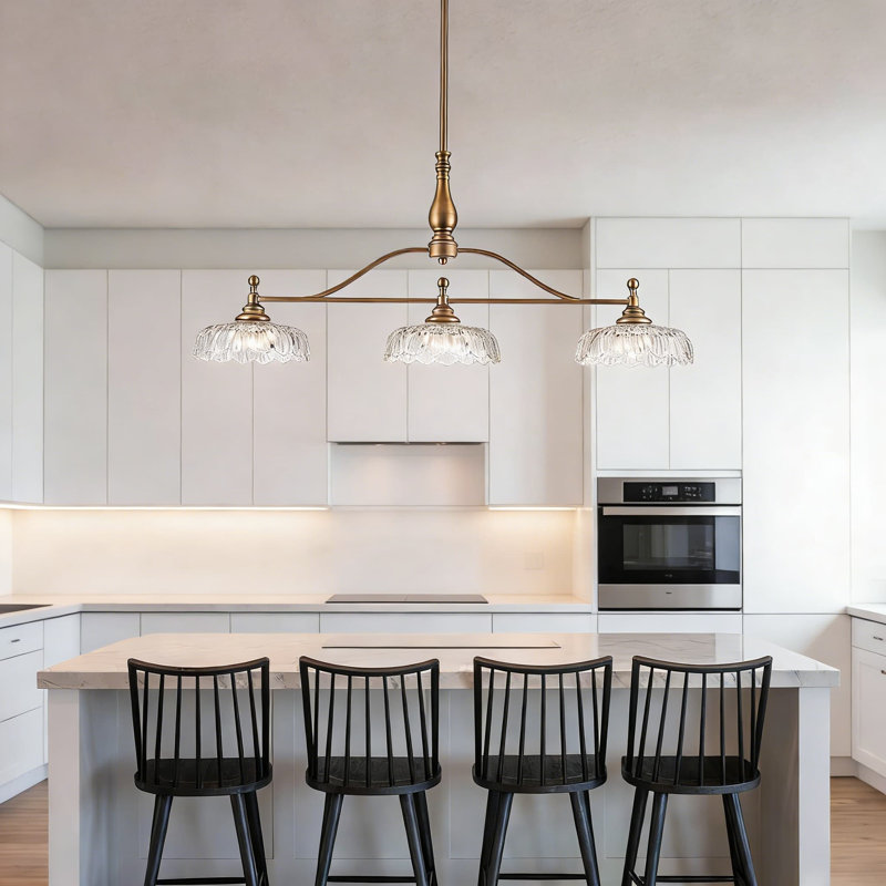 Luminaire suspendu vintage en laiton mat, 3 abat-jours en verre pour îlot de cuisine