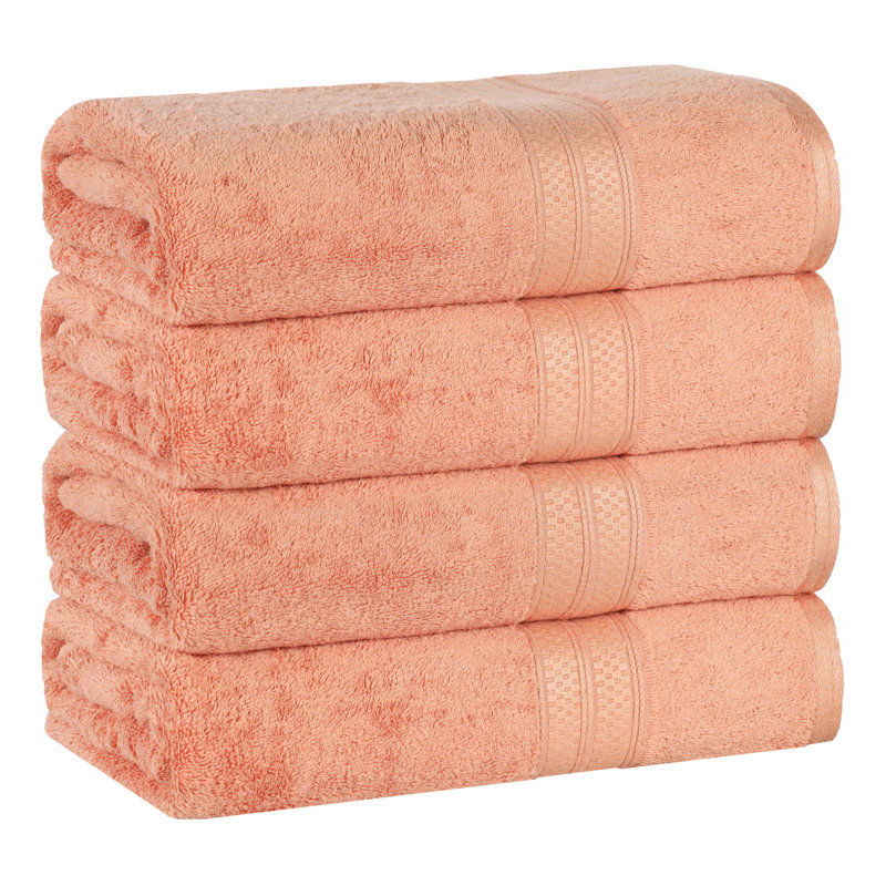 Indigo 4 Piece Bath Towel Set, Rayon From Bamboo and Cotton, Solid Terry Towels, Salmon