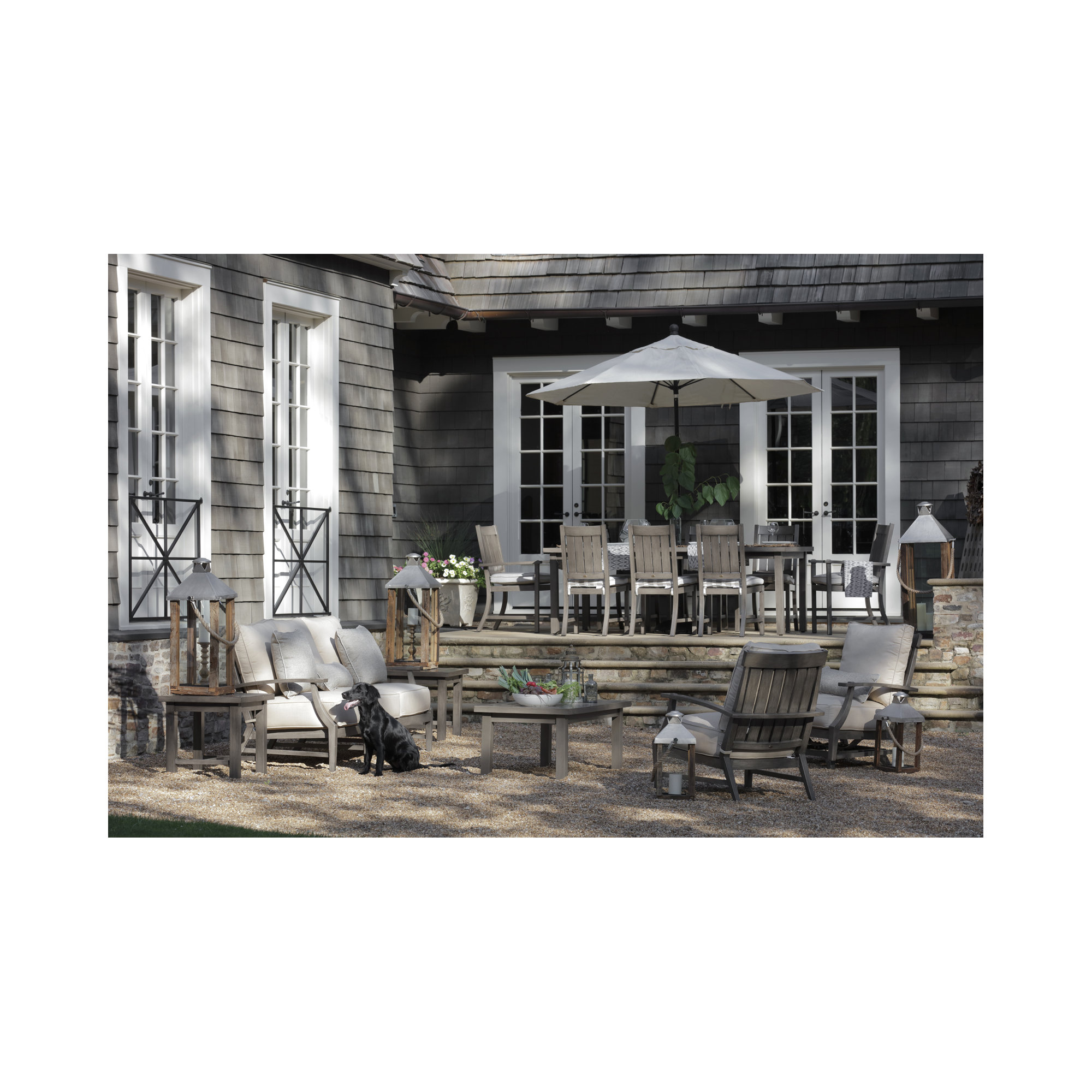 Haley Teak Patio Sofa with Cushions, Oyster Teak, Rollo Lace InsideOut® Linen, No welt + Standard fill