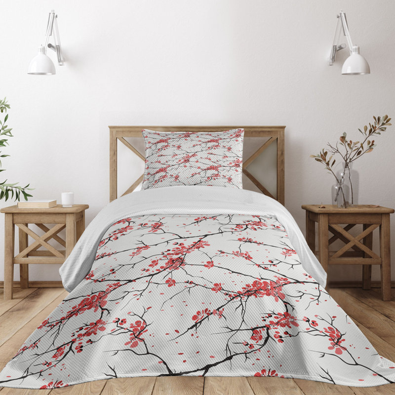 White Twin Quilted Bedspread Set with Floral Design