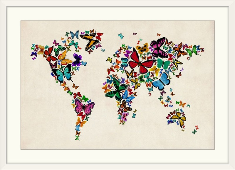 «Butterflies Map of the World» par Francy, impression, H 28 po x l 38 po x P 1 po, Cadre blanc