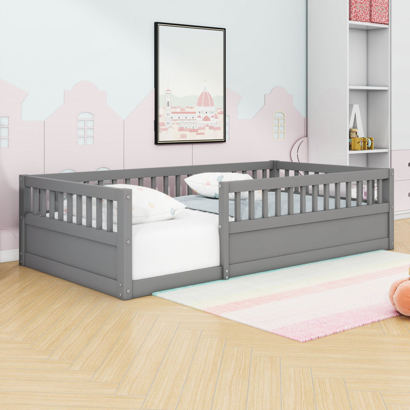 Floor Bed Frame with High Guardrails and Low Profile Design, Twin, Grey