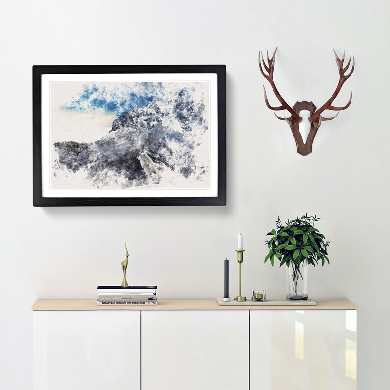 White Wolf with a Mountain Landscape - Framed Print, 33cm H x 45cm W x 2cm D, Black Framed