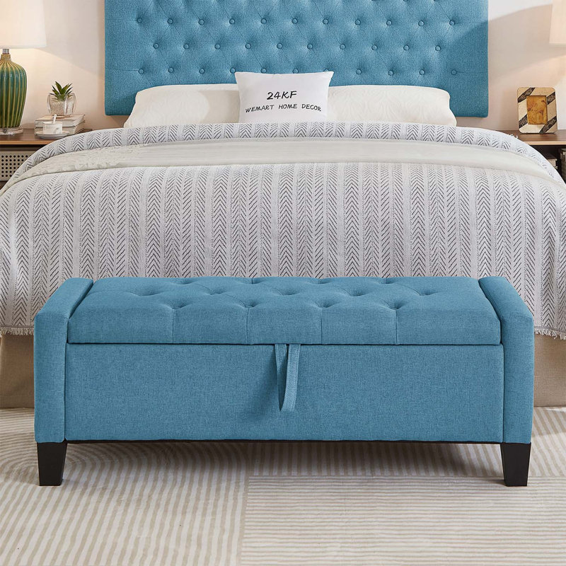 Banc de rangement polyvalent avec repose-pieds et charnière de sécurité, Bleu