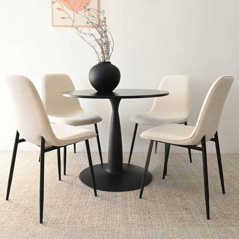 Folmar 35" W 5-Piece Round Dining Set with Gloss Finish and Chenille Chairs, Beige