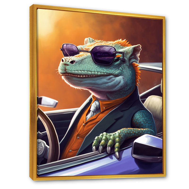 Lézard vert portant des lunettes de soleil dans une voiture de sport - reproduction d'art sur toile, Cadre flottant doré