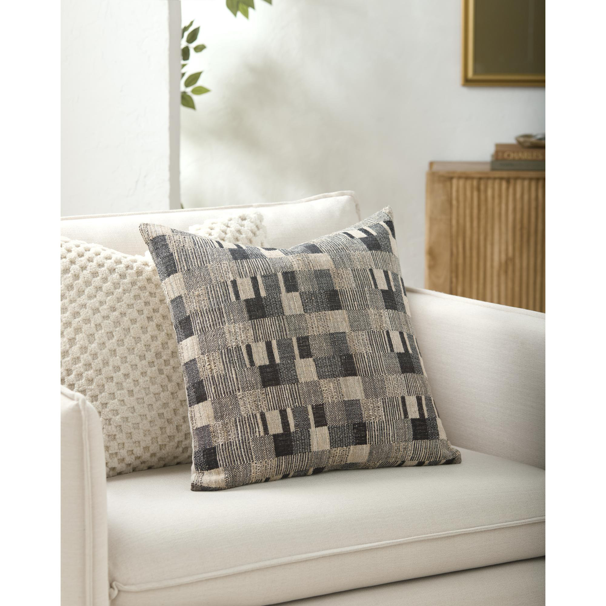 Marzano Accent Pillow, Square 22", Pillow Cover Only - No Insert, Black/Gray/Beige