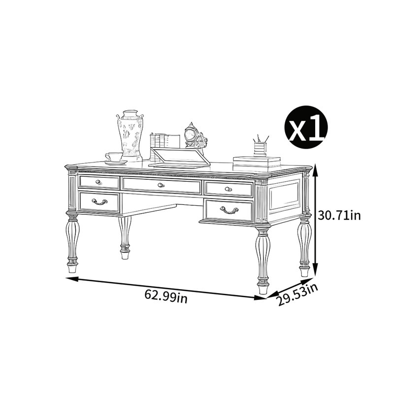 American style solid wood desk, 30.71" H x 62.99" W x 29.53" D