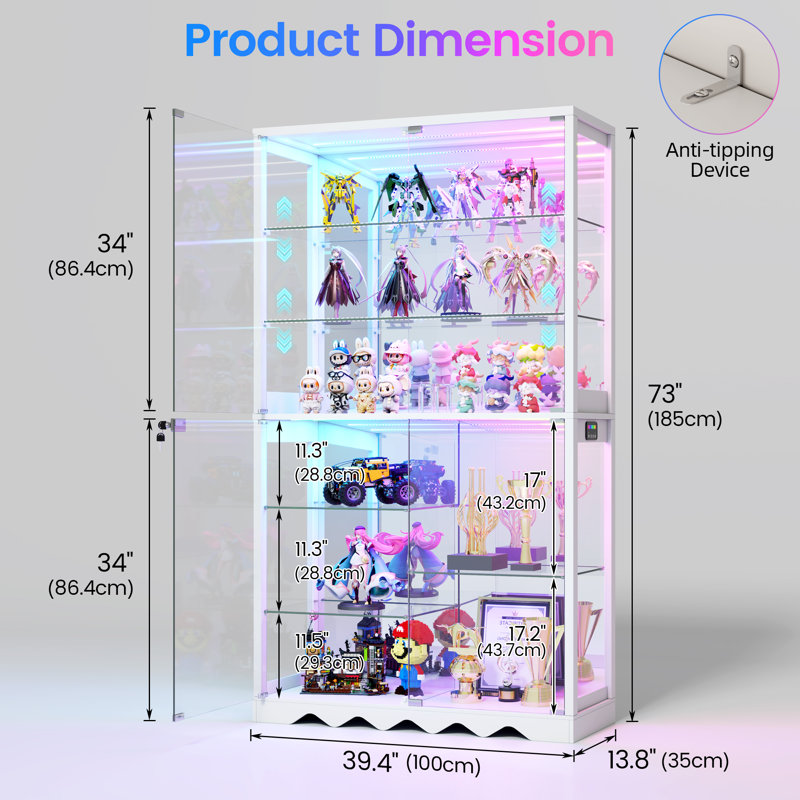 72.8" H Glass Door Display Case, Multi-Level Storage Cabinet With Rgb Lighting & Human Body Sensors, White