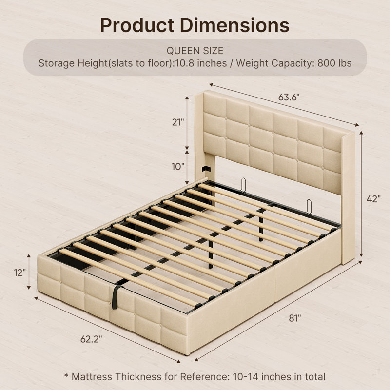 Minos 42” Upholstered Platform Bed Frame with Headboard, Lift Storage, Hydraulic Design, Beige, Queen