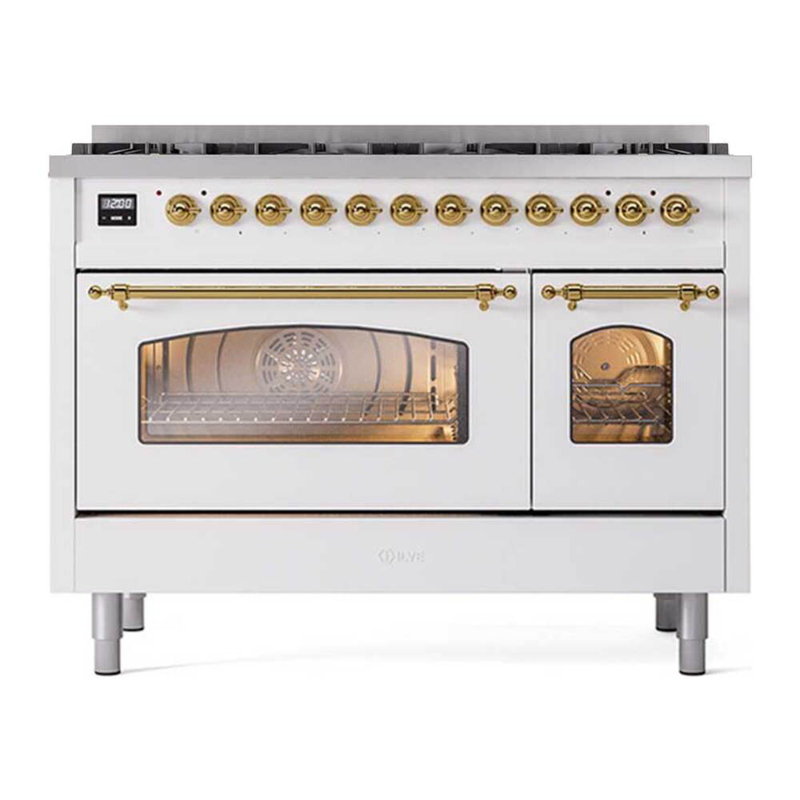ILVE UPD406NMP Nostalgie II 40 inch Dual Fuel Range with 6 Total Black Brass Burners (Limited Edition), White, Natural Gas